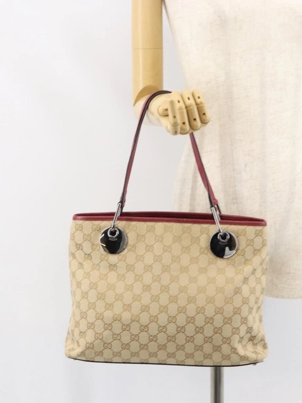 GUCCI GG Canvas Tote Bag Beige Silver 120837 Auth 160606